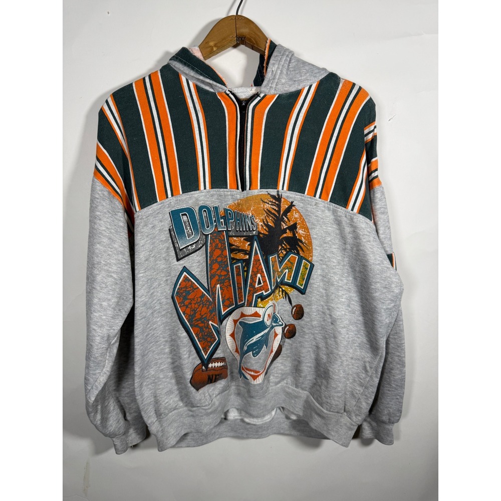 Vintage Miami Dolphins NFL Quarter Zip Hoodie Sweatshirt Mens Gray Striped XL